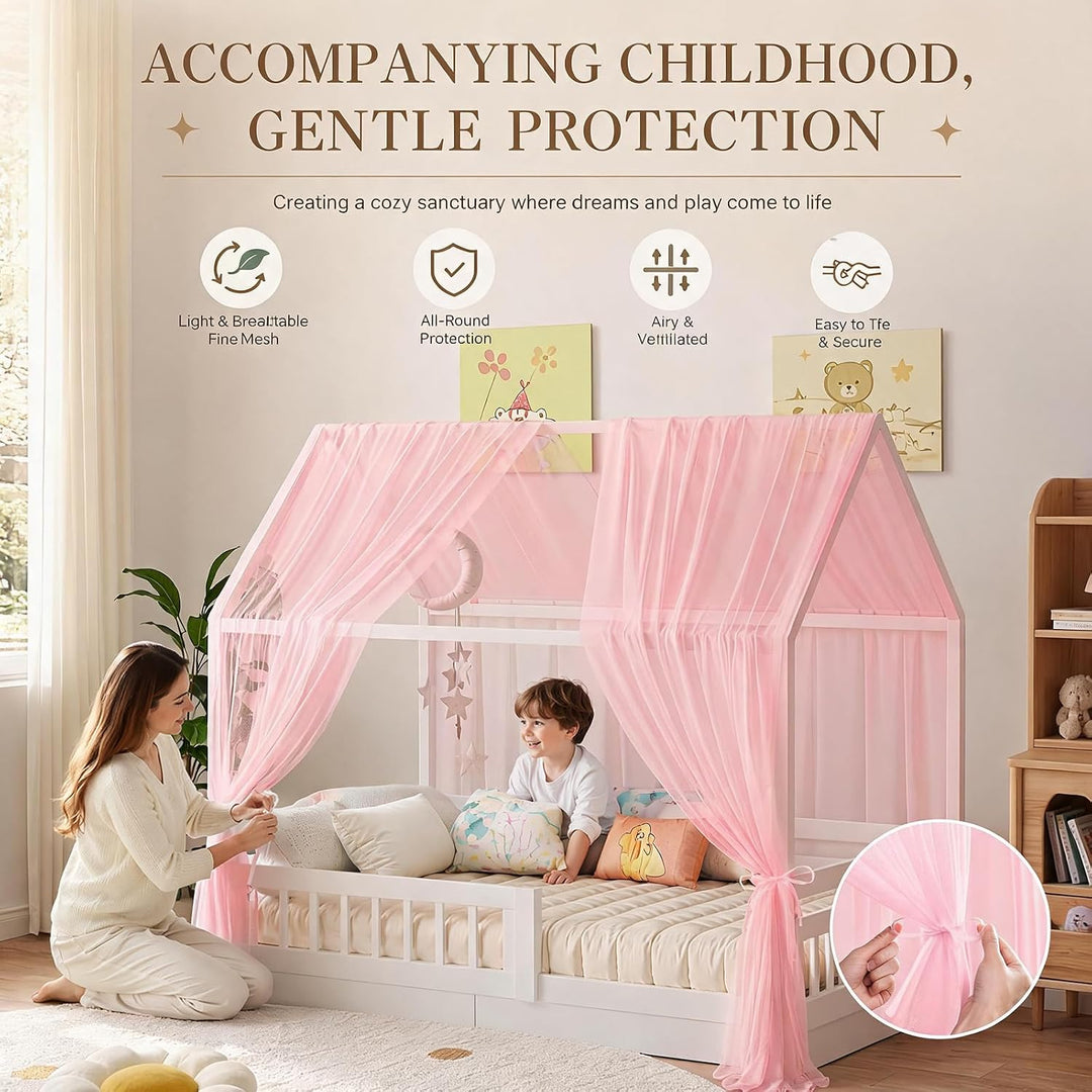 Hausbett Himmel Set, 2 Stück Betthimmel Hausbett, Leichter Atmbar Mailänder Gaze Himmelbett Vorhänge