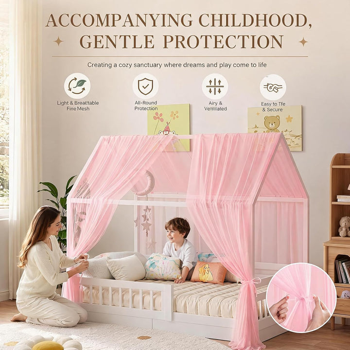 Hausbett Himmel Set, 2 Stück Betthimmel Hausbett, Leichter Atmbar Mailänder Gaze Himmelbett Vorhänge