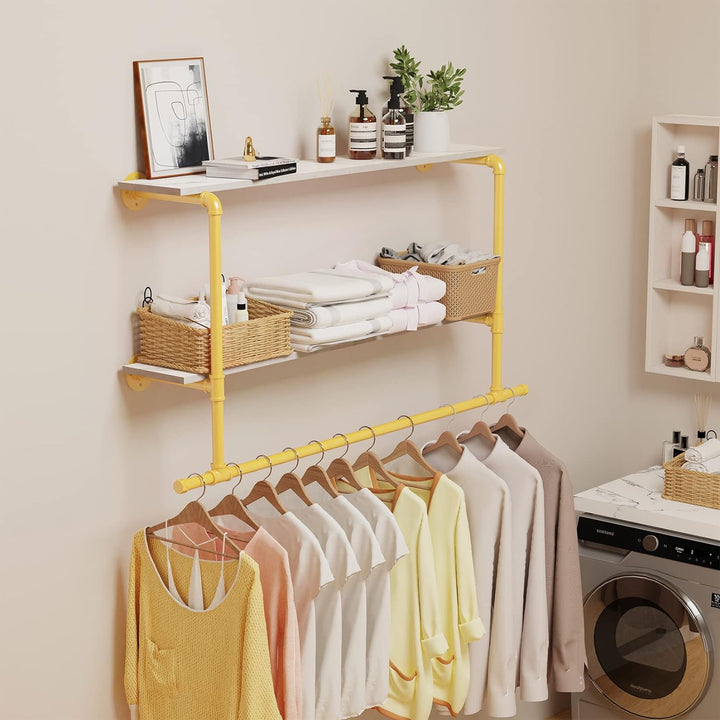 unho Kleiderstange zur Wandmontage, Wandgarderobe mit 2 Ablage im Industrierohrstil, Wandgarderoben