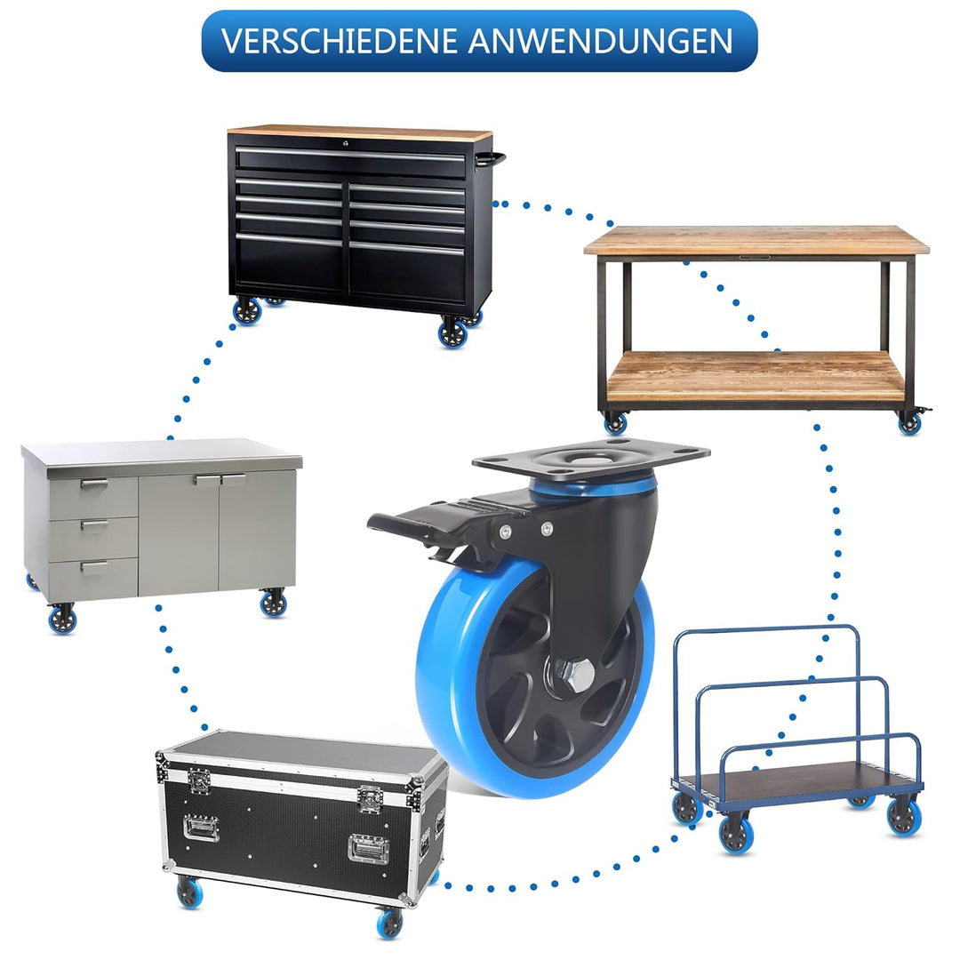 125MM Schwerlastrollen mit Bremse, 4 Stück Lenkrollen für Möbel, 360°Drehbar PU Möbelrollen Transpor