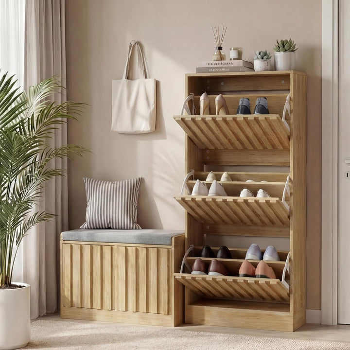 UEV Schuhschrank mit 3 Klappen, Schuhkipper Schuhkommode Schuhregal schmal für Flur mit Kippschutz/G
