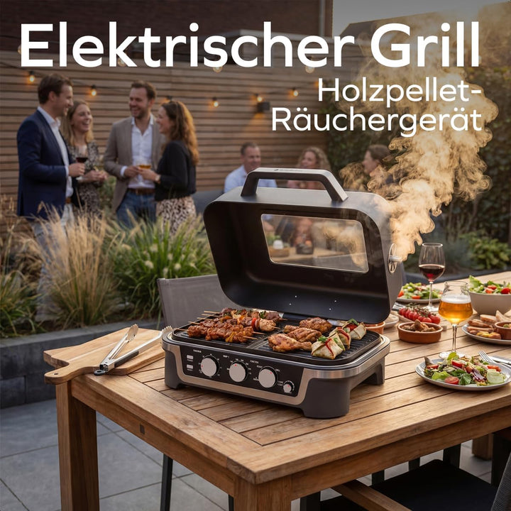 KitchenBrothers 4-in-1 Elektrogrill - BBQ &amp; Smoker - Tischgrill - 2600W | Einstellbar von 90–250 °C,
