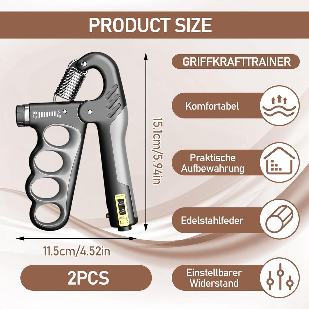 Handgriff Trainer 2er Set, Unterarmtrainer Verstellbarer Edelstahl 5-100kg mit Mechanischer Zählung,