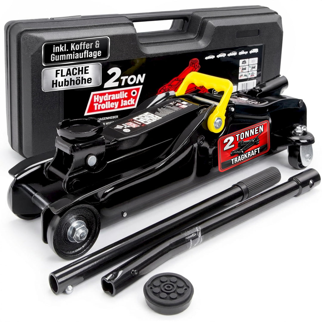 Deuba® hydraulischer Wagenheber 2 Tonnen Flache Hubhöhe 85-330mm inkl. Koffer inkl. Gummiauflage KFZ