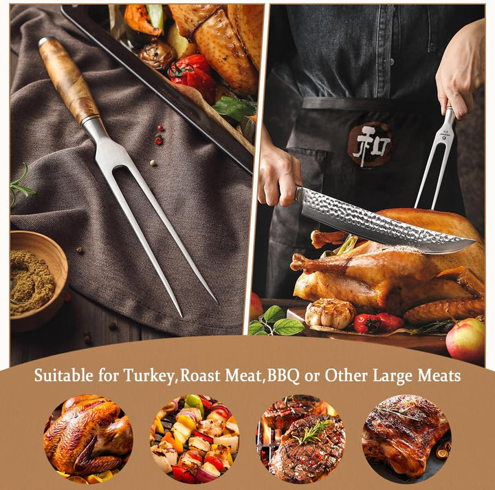 HEZHN Tranchiergabel Fleischgabel Outdoor Grillgabel 430 Edelstahl Figaro Bergahorn Holz Geschenkbox