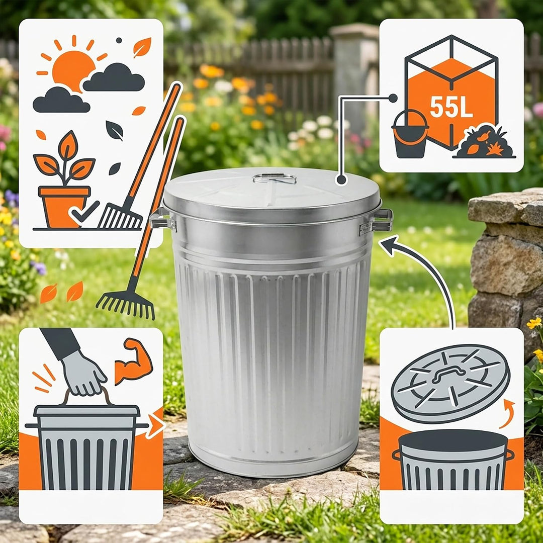 Spetebo Zink Abfalleimer mit Deckel - 55 Liter - XXL Mülleimer draussen - Zinkeimer Outdoor Mülleime