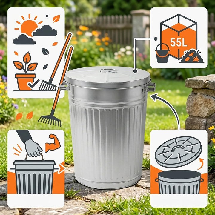 Spetebo Zink Abfalleimer mit Deckel - 55 Liter - XXL Mülleimer draussen - Zinkeimer Outdoor Mülleime