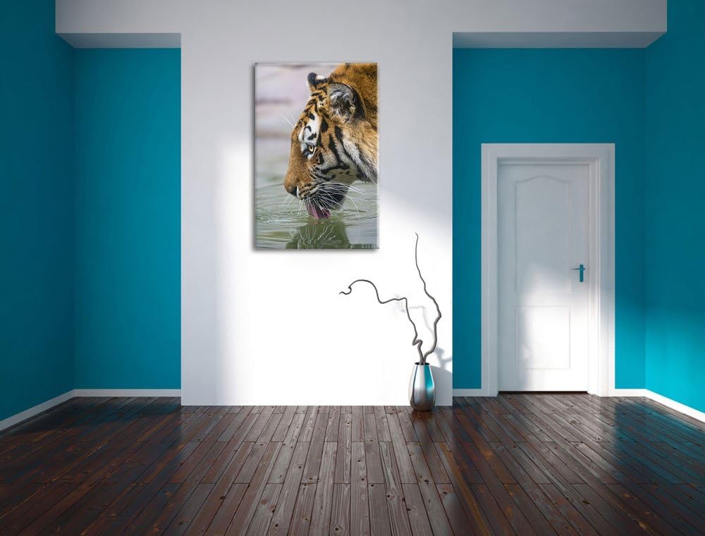 Pixxprint Tiger am Wasserloch auf Leinwand, XXL riesige Bilder fertig gerahmt mit Keilrahmen, Kunstd