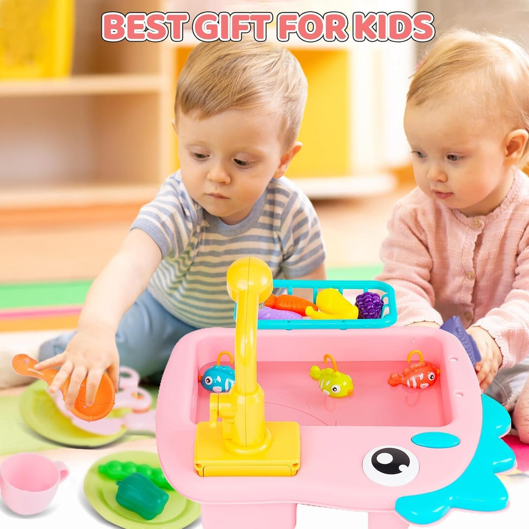 Küchenspüle Spielzeug Set mit Angelspiel, Fliessendes Wasser Spülmaschine, Küchenutensilien,Rollensp