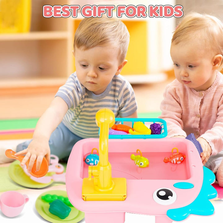 Küchenspüle Spielzeug Set mit Angelspiel, Fliessendes Wasser Spülmaschine, Küchenutensilien,Rollensp