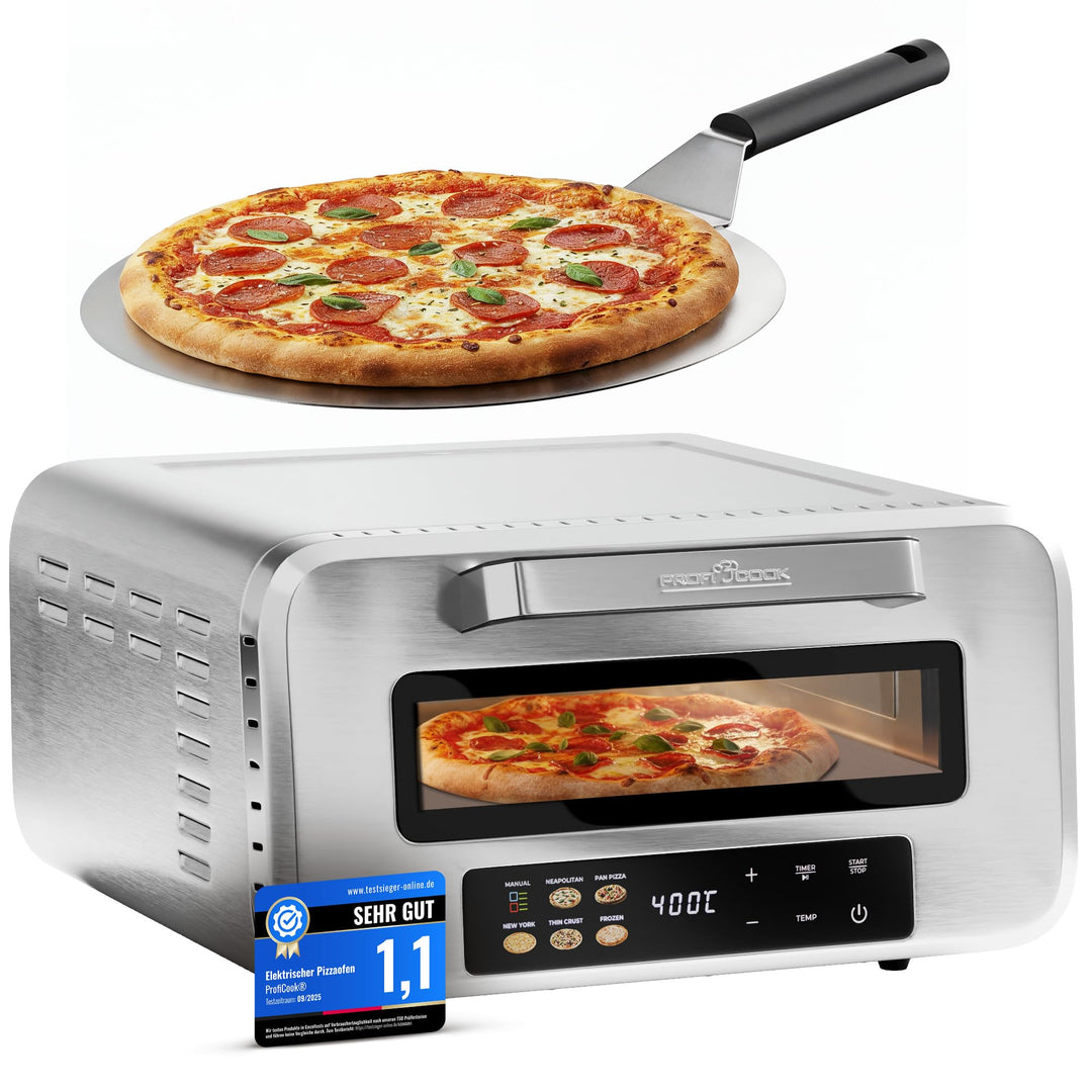 ProfiCook® Pizzaofen elektrisch | 400°C | echter Pizzastein | inkl. Pizzaheber | variable Zeit und T