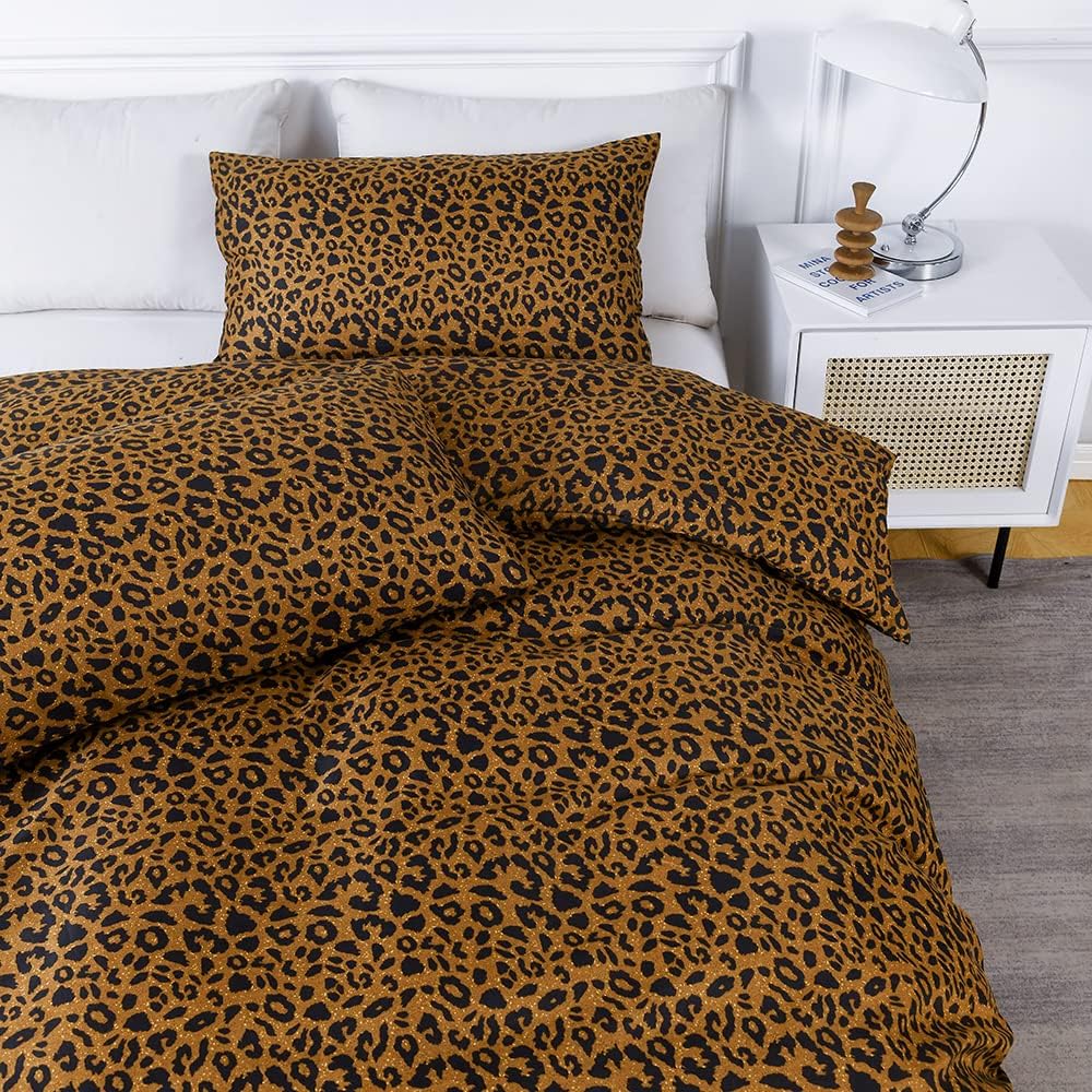 Bettwäsche 135x200 4teilig Leopard Muster Braun Gold Gelb Leopardenmuster Bettwäsche-Sets Leo Microf