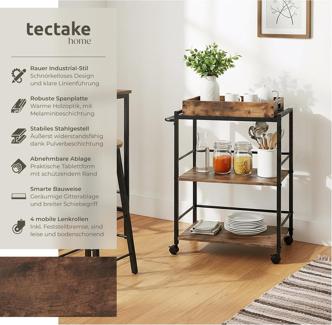tectake® Servierwagen mit Rollen, abnehmbares Tablett, Kitchen Trolley 65 x 41,5 x 87 cm, Küchenwage
