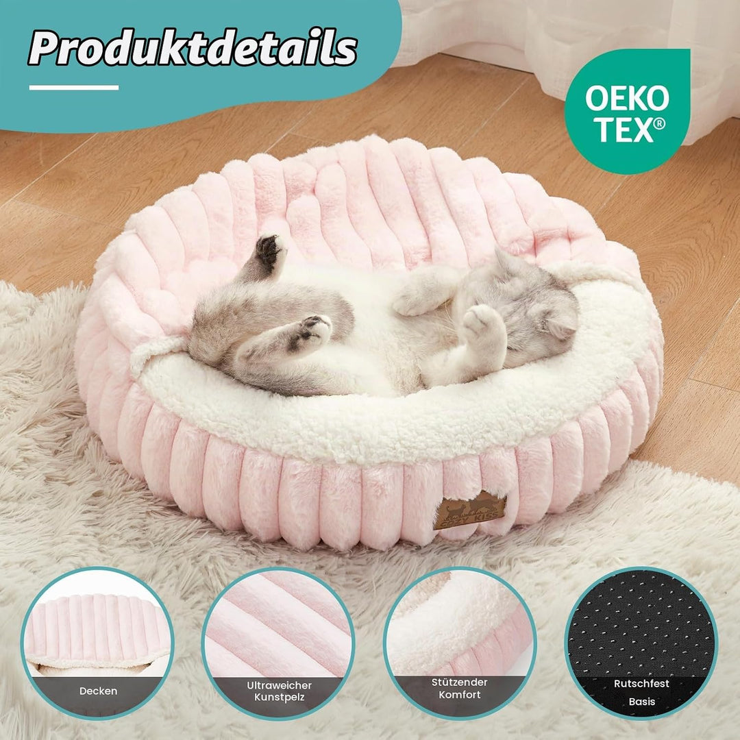 COZY KISS Katzenbett mit Decke 58cm, Runde Höhle für Kleine Katzen &amp; Hunde | Flauschige Katzensofa-K