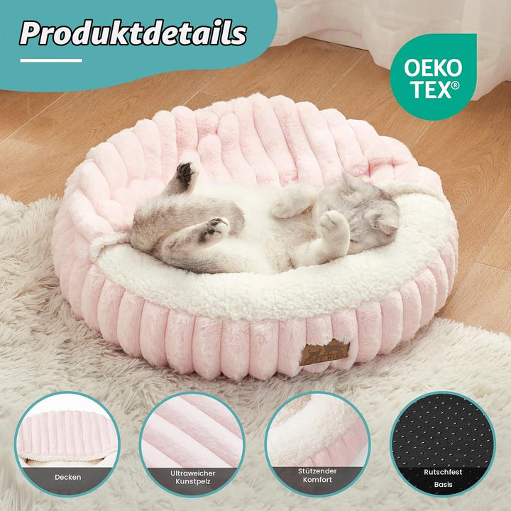 COZY KISS Katzenbett mit Decke 58cm, Runde Höhle für Kleine Katzen &amp; Hunde | Flauschige Katzensofa-K