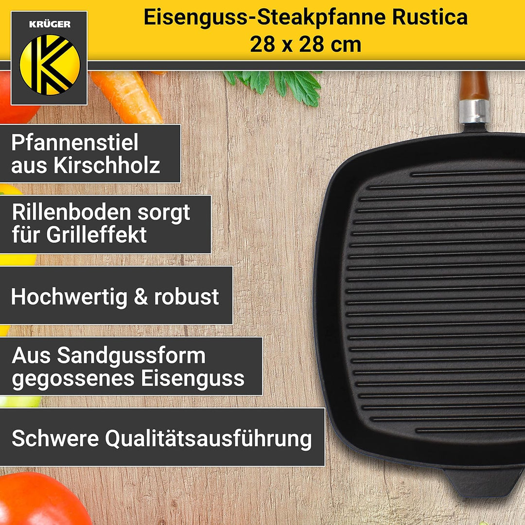 KRÜGER Gusseisen-Grillpfanne mit Holzgriff - 28 x 28 cm - emailliert - hohe Hitzebeständigkeit und l