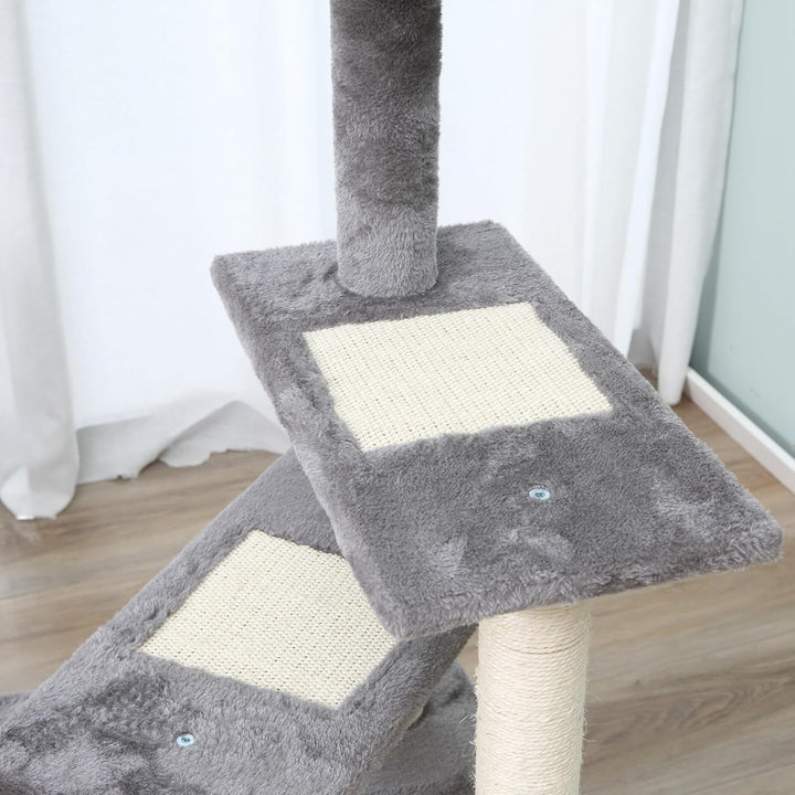 PawHut Kratzbaum 100 cm mit Sisalstämme für kleine Katzen Beige+Grau | Grosse Plattform, Mehrstöckig