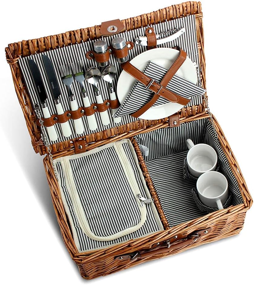 2 Personen Wicker Picknickkorb Set mit isoliertem Kühler, Picknickkorb mit Bechern, Besteck, Weinglä