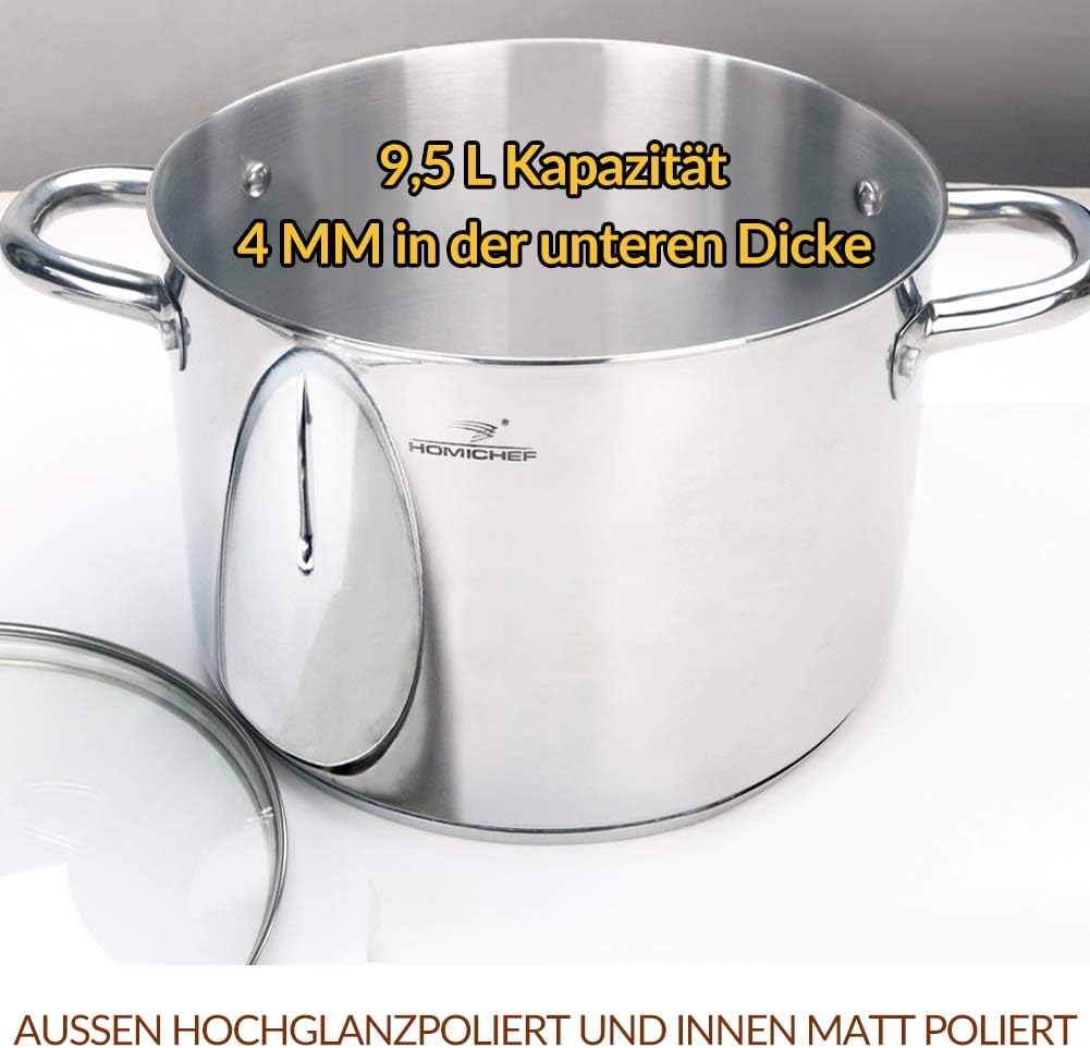 HOMICHEF Nickelfreier Edelstahltopf mit Glasdeckel (24,5 cm 9,5 Liter) - Gesunder, hochglanzpolierte