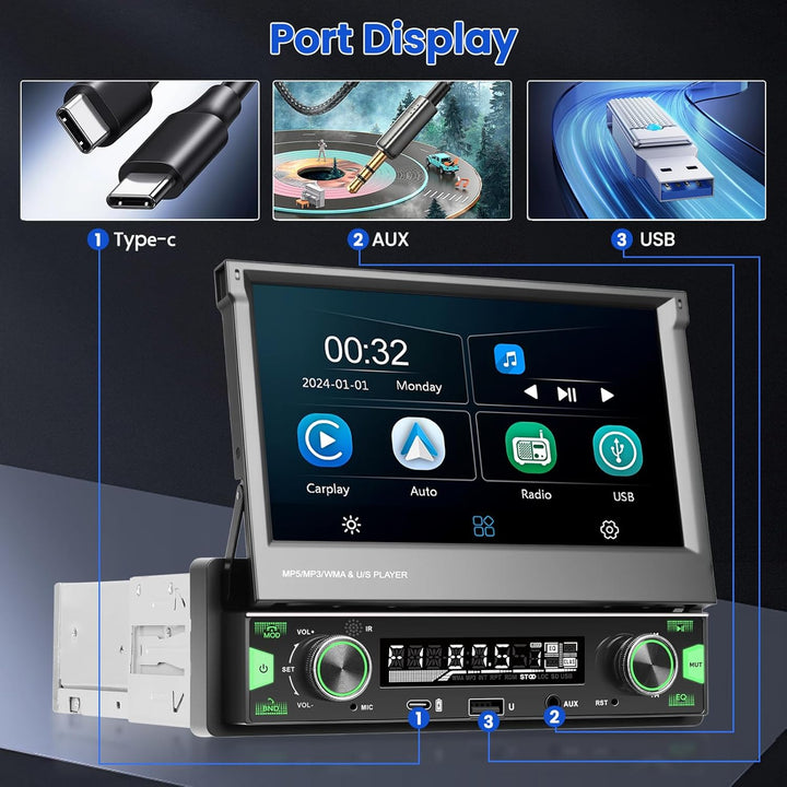 Hikity 1 Din Autoradio mit 7” IPS Manuell Einziehbarer Touchscreen Wireless Carplay Andriod Auto FM