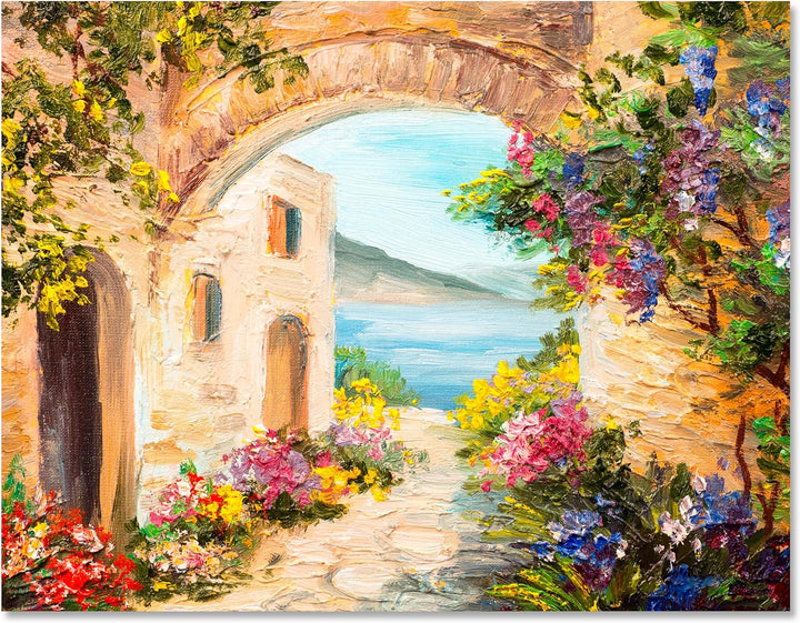 wandmotiv24 Leinwandbild Malerei, 80x60cm, Querformat, Gasse, mediterran, Meer, Deko, Bilder auf Lei