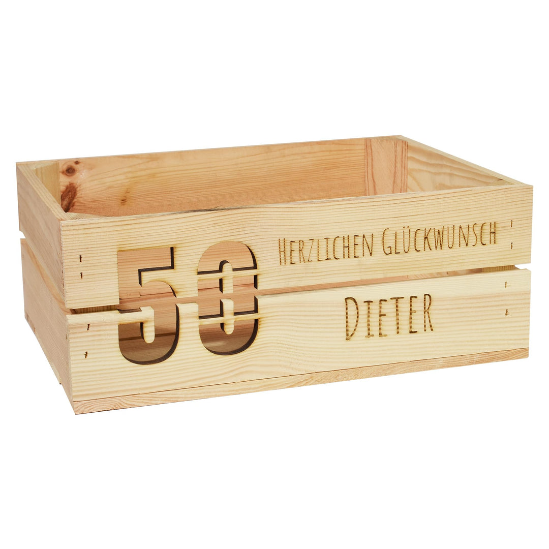 Holzkiste Personalisiert mit Wunschtext zum Runden Geburtstag - Gravierte Erinnerungskiste Hochzeit