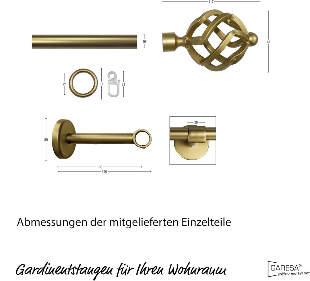 Garesa Gardinenstange Rustika Ø 16mm, 1-läufig, Gold matt I Rustikale Vorhangstange aus Metall inkl.