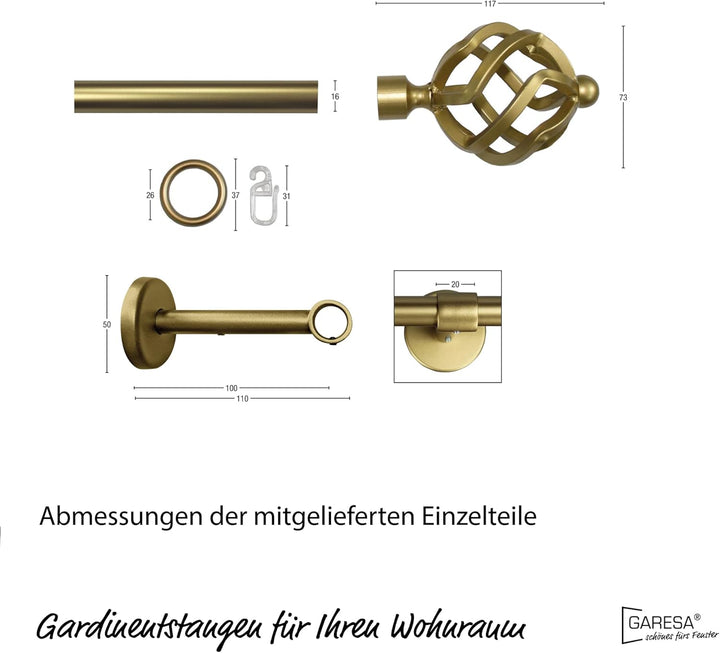 Garesa Gardinenstange Rustika Ø 16mm, 1-läufig, Gold matt I Rustikale Vorhangstange aus Metall inkl.