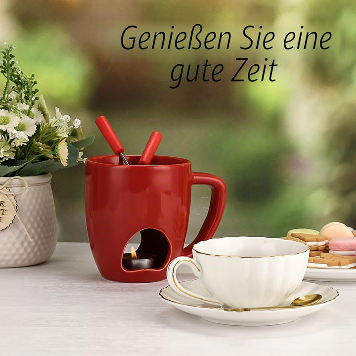 Keramik-Schokofondue-Becher-Set Roter Schokoladenschmelz-Becher mit Doppelter Öffnung Käsefonduetopf