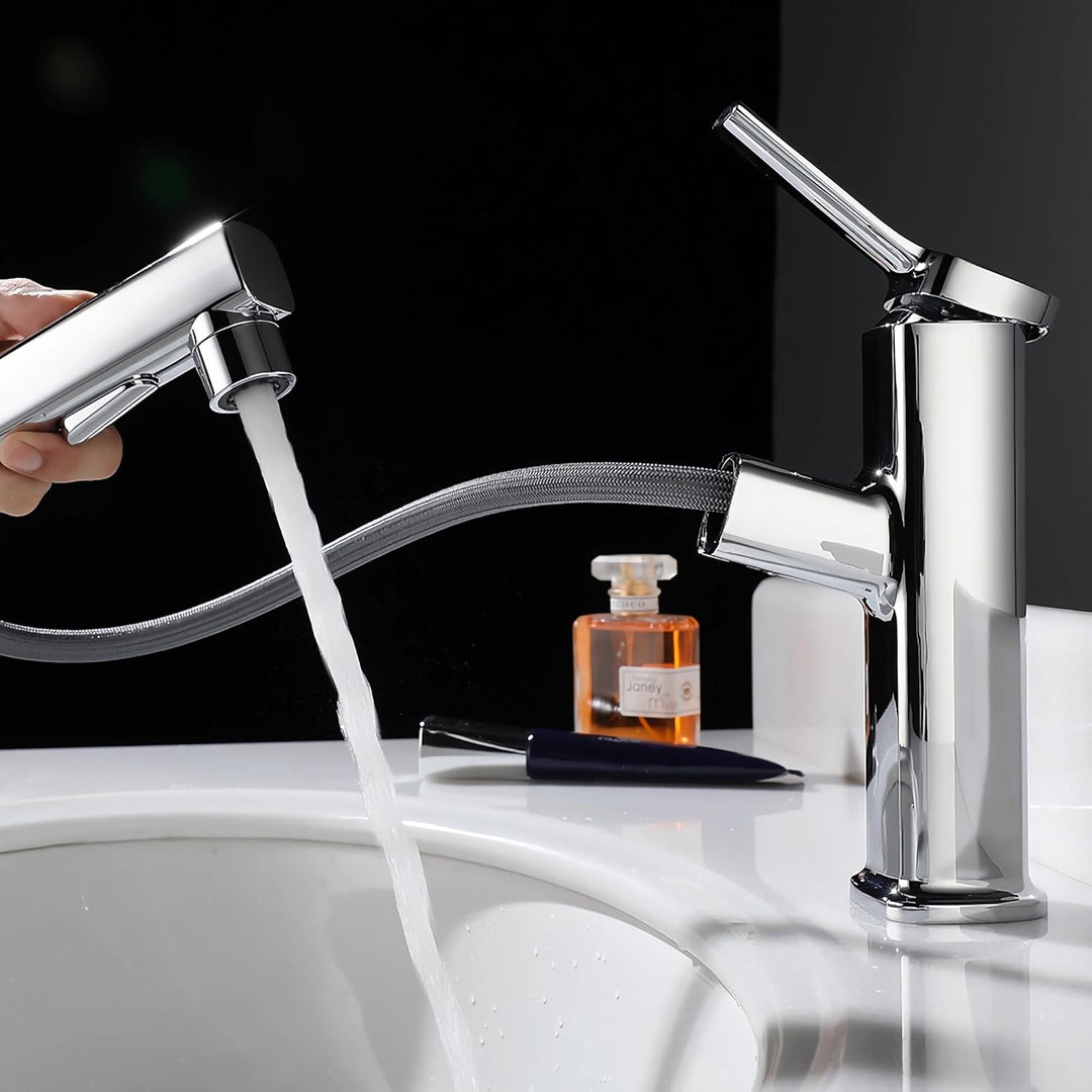 Wasserhahn Bad mit Ausziehbar Brause, Armatur Badezimmer mit 2 Strahlarten, Einhebelmischer Waschbec