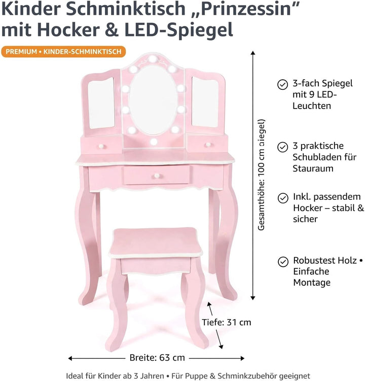 Bayer Chic 2000® Schminktisch Kinder mit LED Beleuchtung &amp; Hocker – Bruchsichere Spiegel &amp; Ausreiche