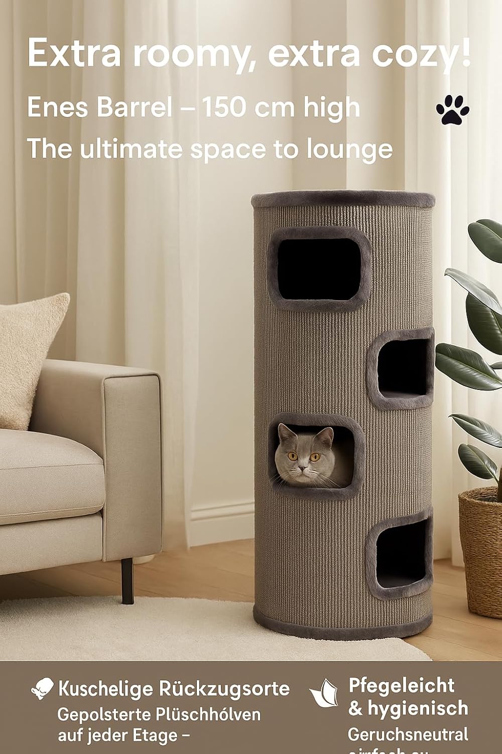 kratztonne für Katzen – Flamingo Enes S – 56 cm – Ø 42 cm – Sisal & Plüsch – kompakt Grau 56 cm – Ø