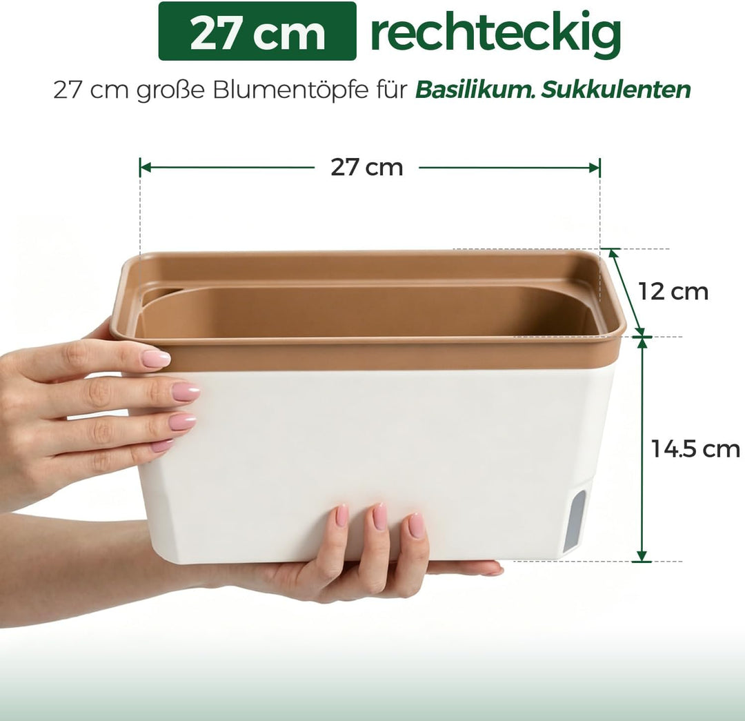 T4U 27cm Selbstwässernder Blumenkasten Kräutertopf mit ERD-Bewässerungs-System Braun 3er-Set Kunstst