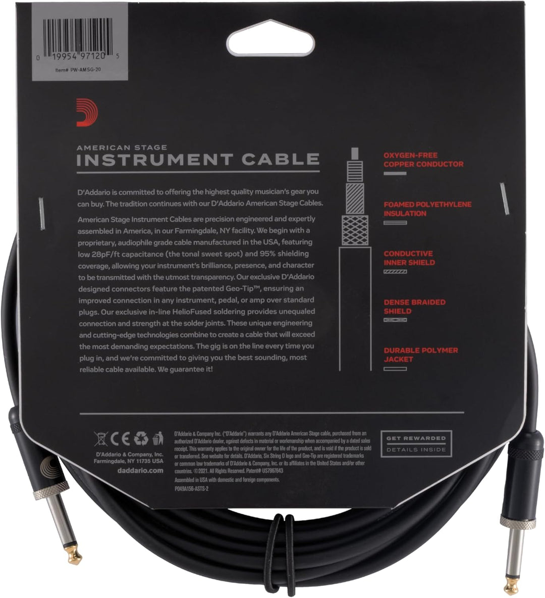Planet Waves PW-AMSG-20 American Stage Instrumentenkabel 6,1m (20 Fuss) schwarz 20 Feet Gerade Enden