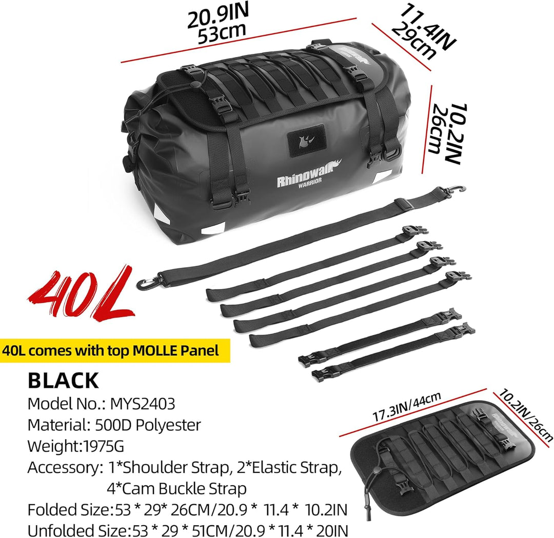 Rhinowalk Motorrad Hecktasche 40L – wasserdichte Gepäcktasche mit Erweiterungs-Panel, MOLLE-System &
