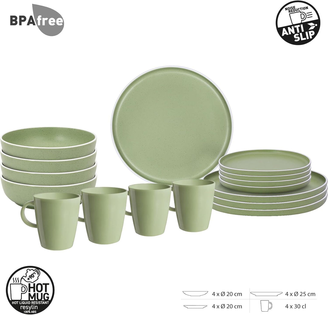 BRUNNER Melamin Geschirr Set Lunch Box Dolomit Stone Touch Camping Teller 16tlg Grün, Grün
