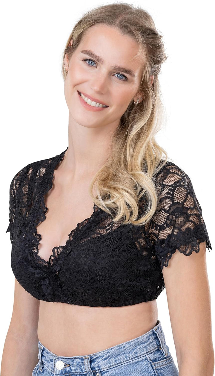 Damen Dirndlbluse aus Spitze Kurzarm schwarz - Elegante Stretch Dirndl Bluse Teil-transparent Thea 3