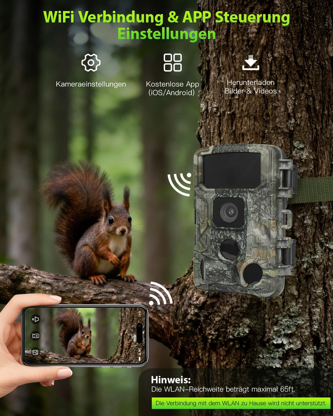 KJK Wildkamera mit Handyübertragung APP, 4K 64MP HD WLAN Bluetooth, Wildkamera mit Bewegungsmelder N