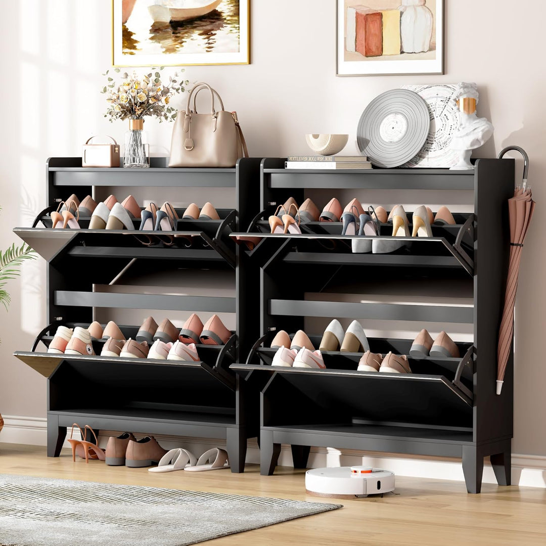 Vlsrka Schuhschrank mit Spiegel, Schuhschrank Holz mit 2 Klappen, Schuhkipper Schmal für 16 Paar Sch