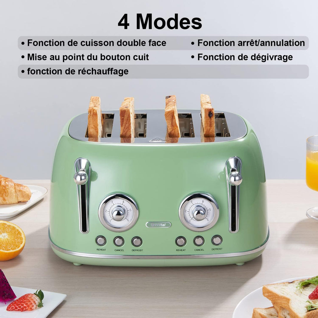 Wiltal Toaster 4 Scheiben, Toaster Langschlitz, Edelstahl Gehäuse, mit Integrierten Brötchenaufsatz,
