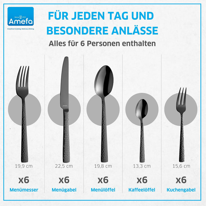 Amefa FELICITY Besteckset 30-teilig PVD Schwarz, Hochwertiges Besteck Set, Gehämmert, Essbesteck im