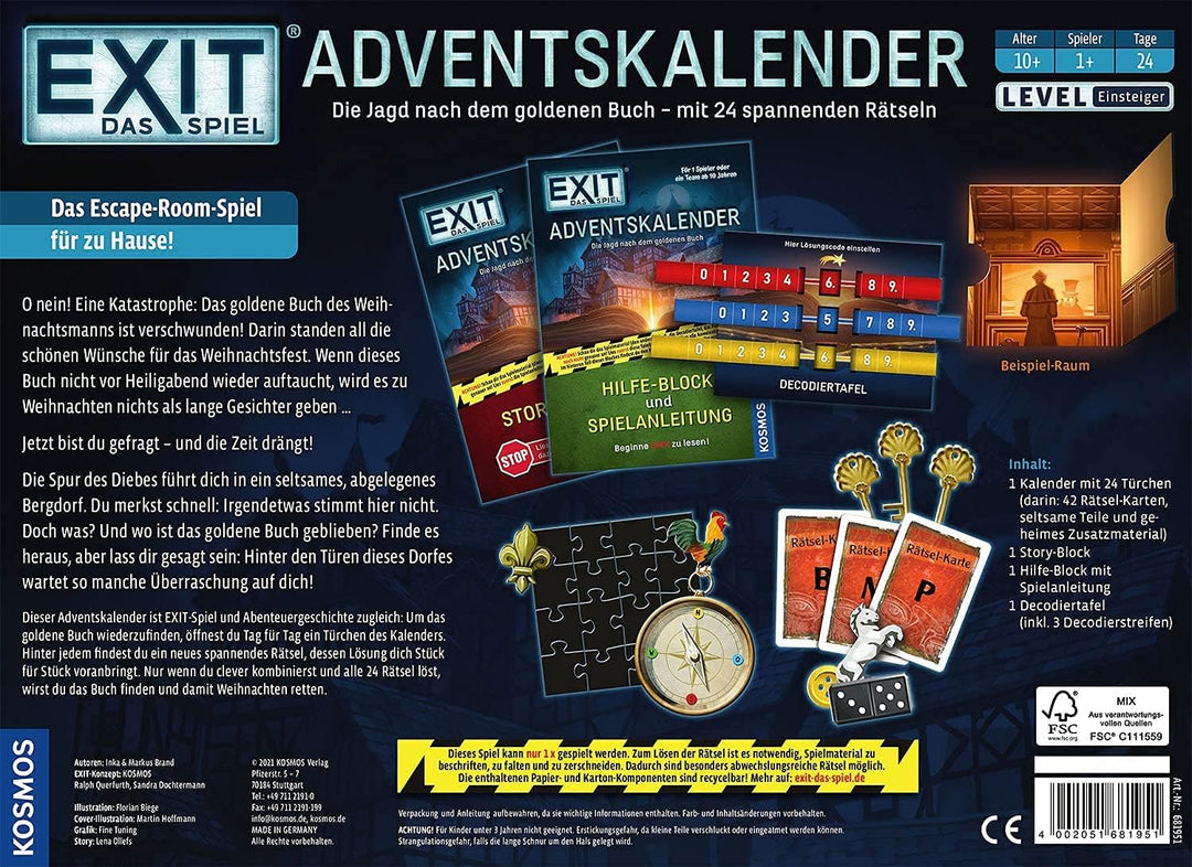 Kosmos 681951 EXIT - Das Spiel Adventskalender, Die Jagd nach dem Goldenen Buch, mit 24 spannenden R