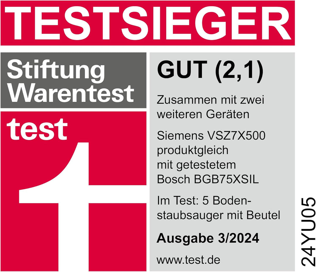 Siemens Staubsauger mit Beutel Z7.0 VSZ7X500, ideal für Allergiker, Hygiene-Filter, extrem leise, Bo