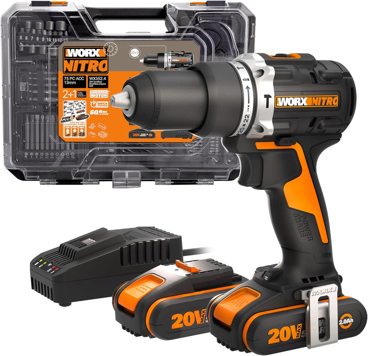 WORX NITRO 18V(20V MAX) Akku-Schlagbohrmaschine WX352.4, PowerShare, bürstenloser Motor, 60Nm, varia