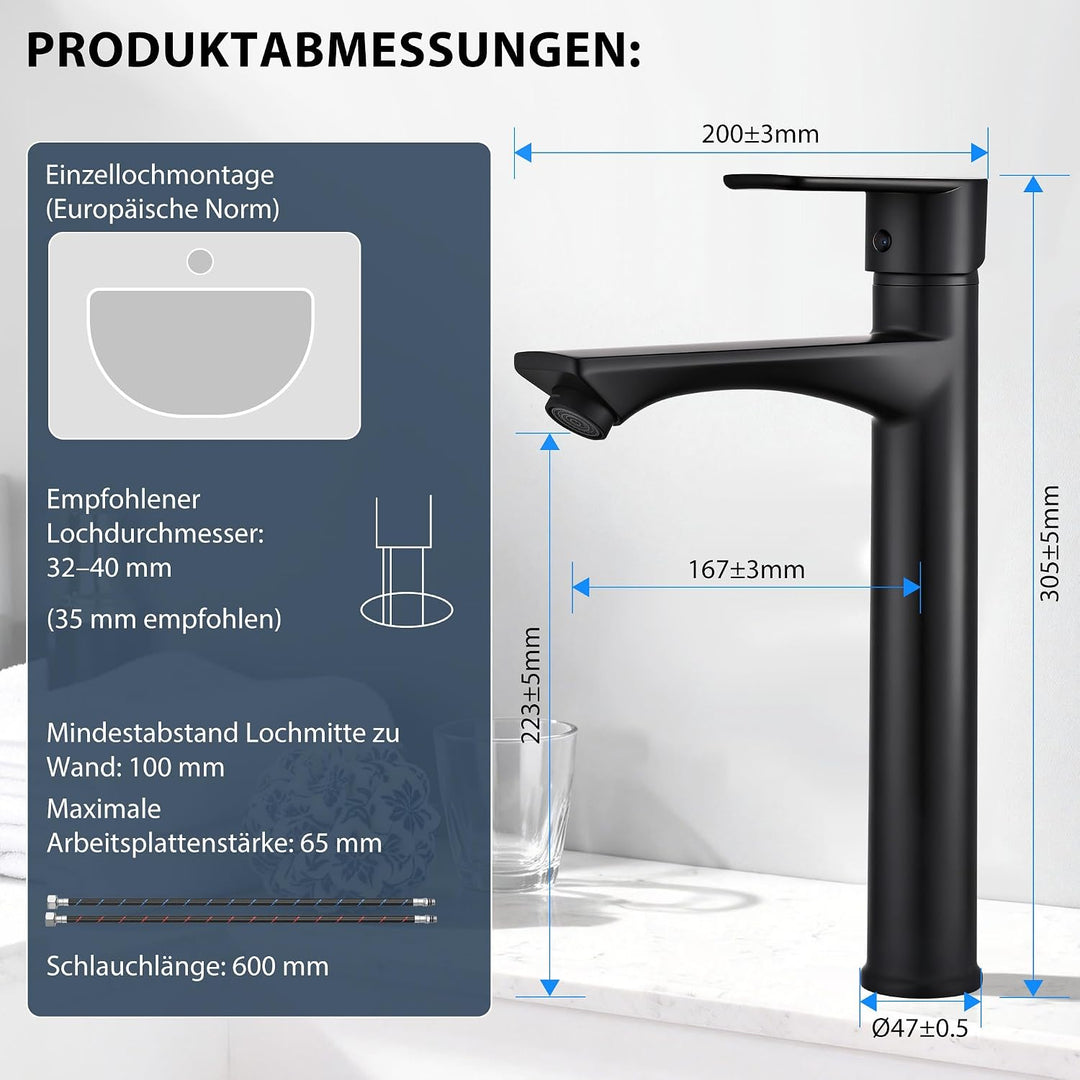 HOMELODY Wasserhahn Bad Schwarz Hoch - Bleifrei Rund Waschtischarmatur mit Auslauf Höhe 250 mm - Ein