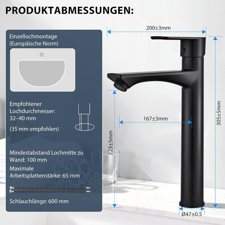 HOMELODY Wasserhahn Bad Schwarz Hoch - Bleifrei Rund Waschtischarmatur mit Auslauf Höhe 250 mm - Ein