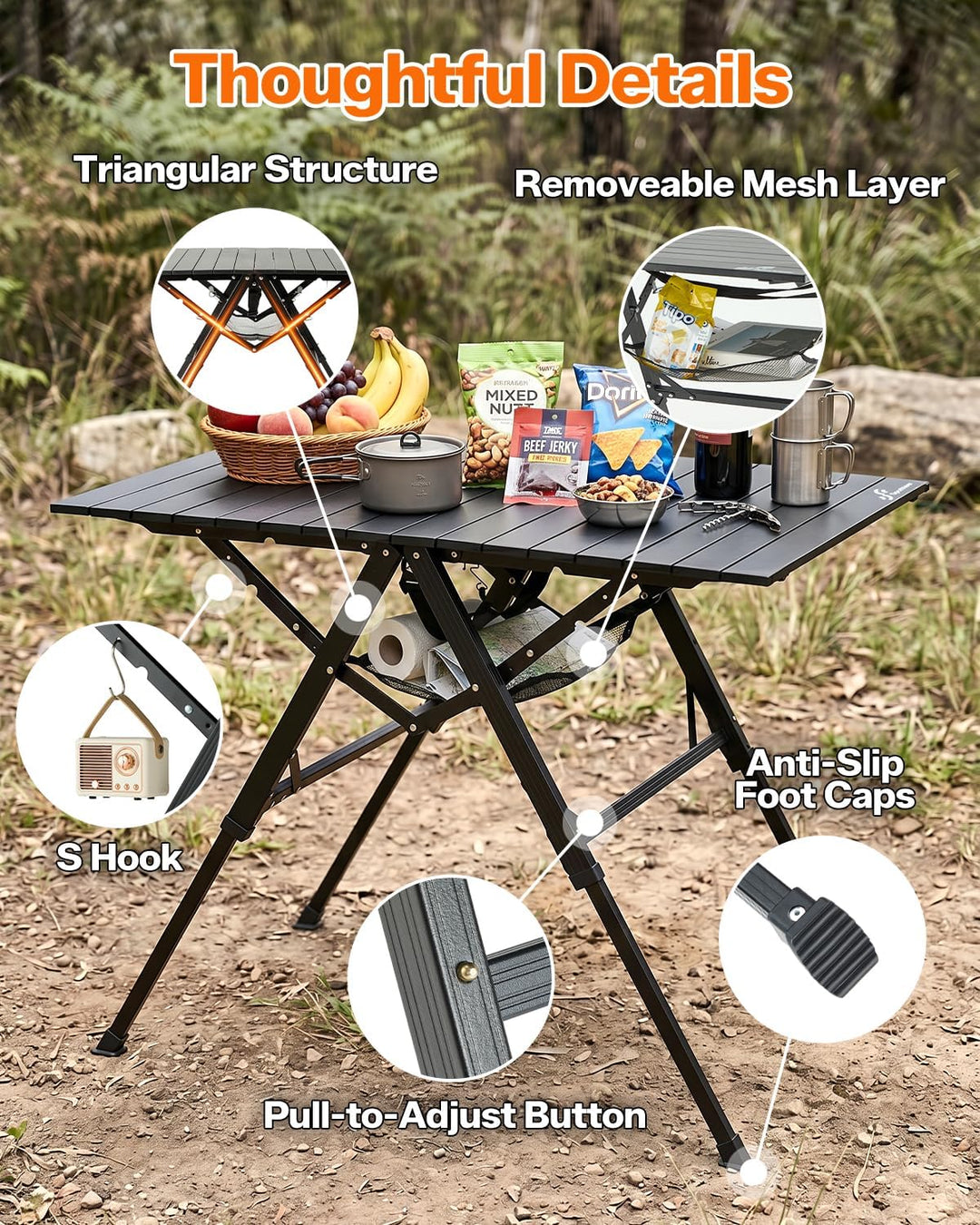 Sportneer Campingtisch Klappbar– Aluminium Rolltop Tisch mit 3-Fach höhenverstellbaren Verriegelungs