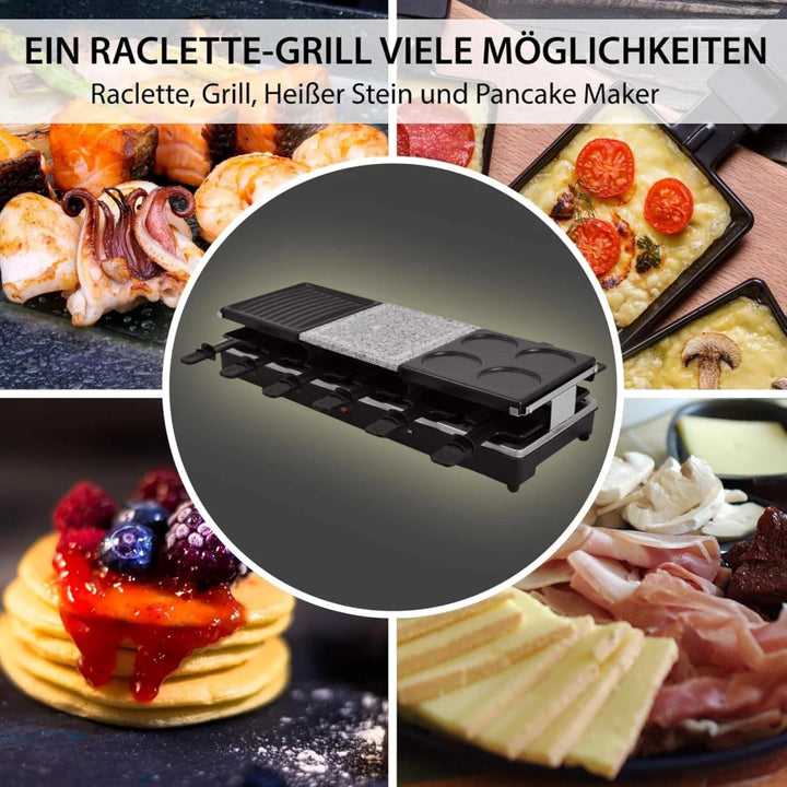 Syntrox Raclette Grill 12 Personen, 1350W Multifunktion 4-in-1 mit Heisser Stein Grillplatte Pancake