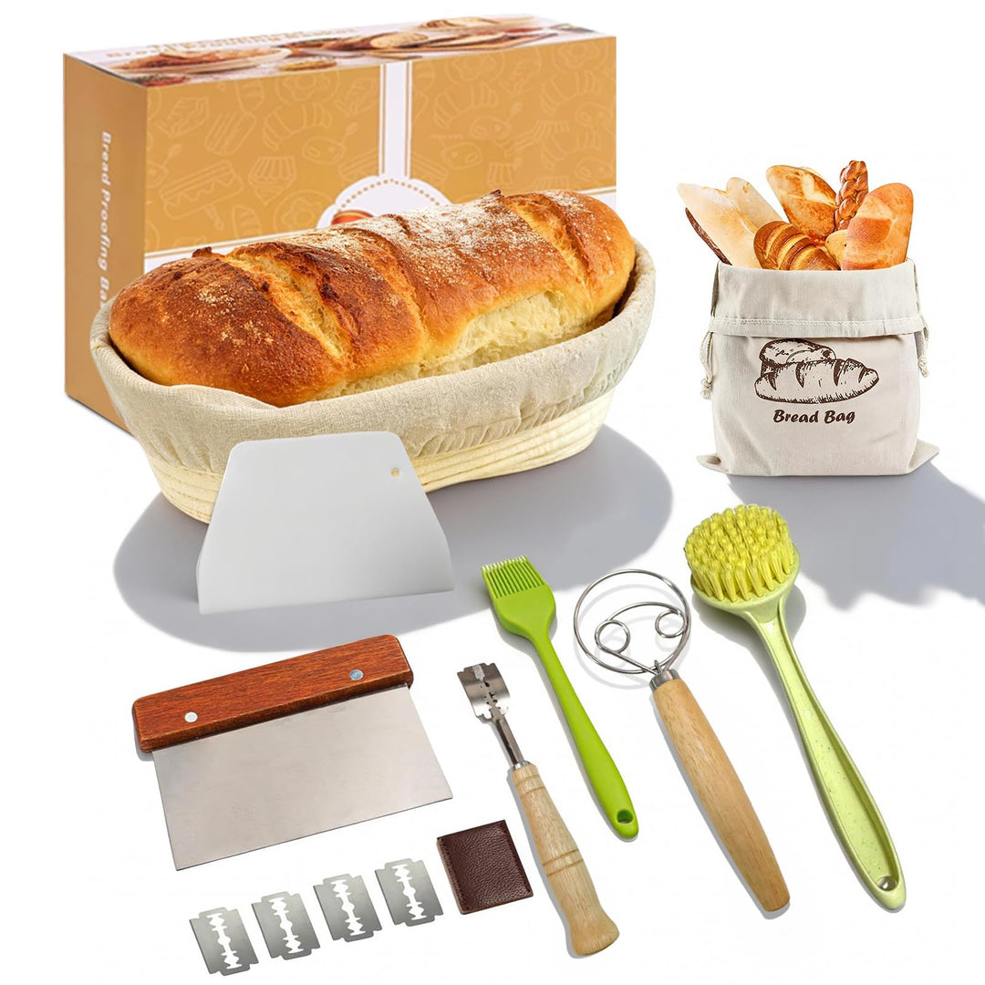 dellyy Brotbackset mit Gärkorb, 10 Teileset Brot Backen Starterset, Naturrattan-Geflecht, Inklusive