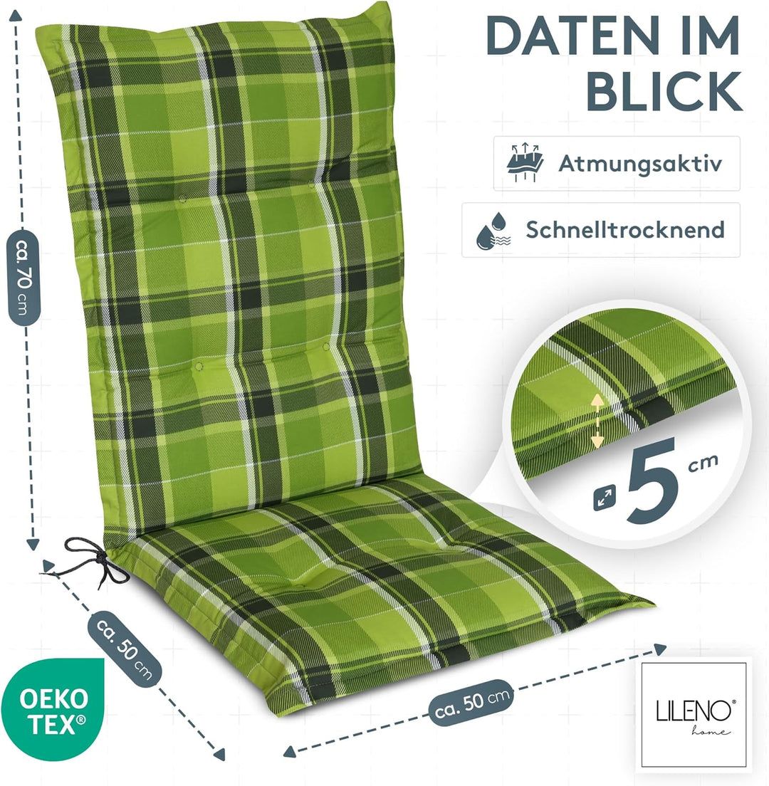 LILENO HOME Gartenstuhl Auflagen als [2er Set - Hochlehner] in Karo Grün - Bequeme Liegen als Sitzau